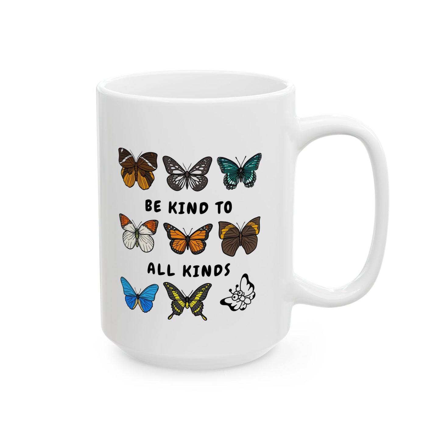 tall 15oz "be kind to all kinds" white ceramic mug with butterflies lineup artwork