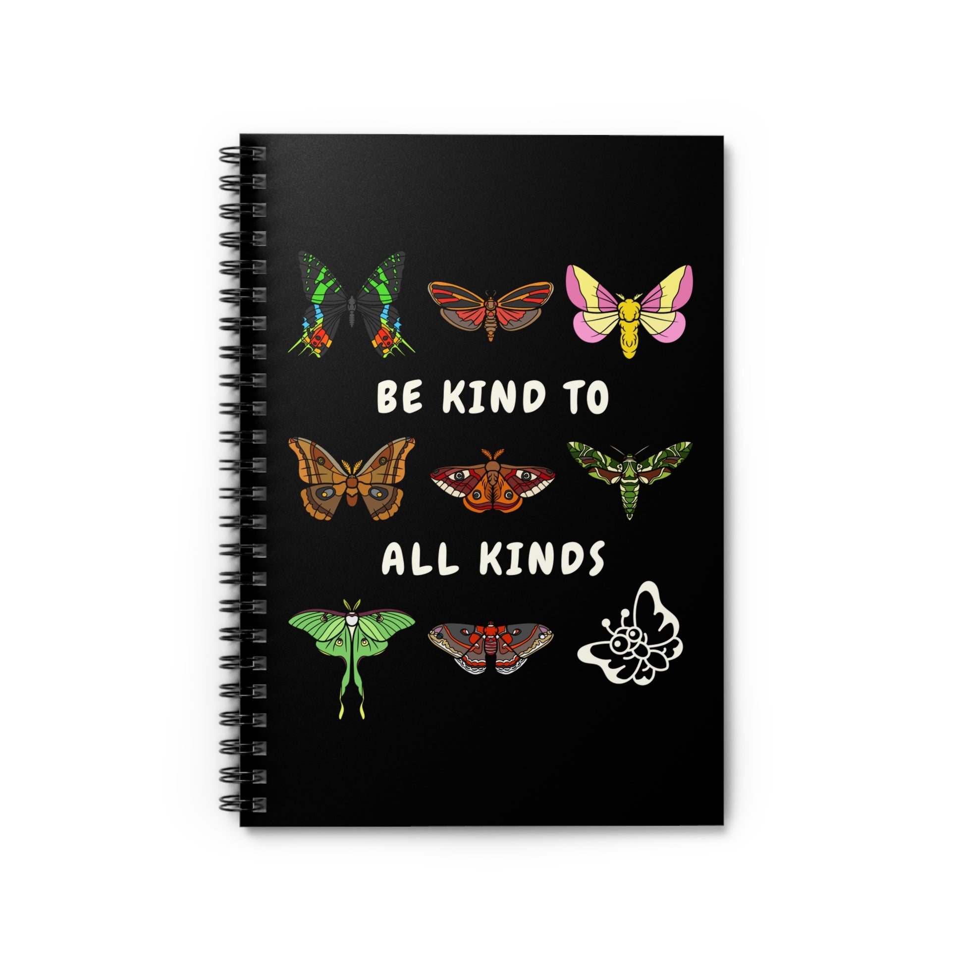 “be kind to all kinds" spiral notebook with moths and butterflies artwork, and black background color