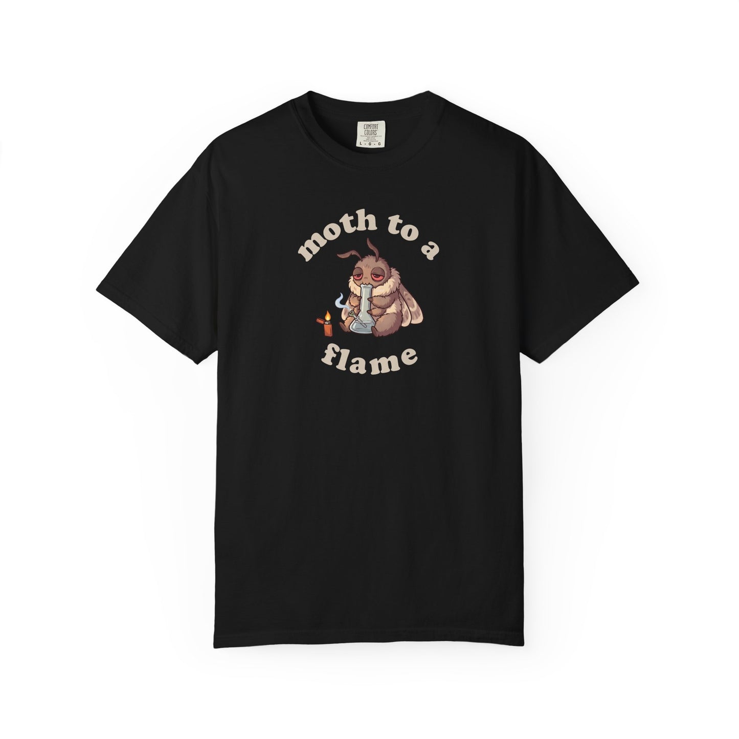 Black Moth To a Flame cannabis t-shirt featuring a sleepy stoner moth with bong and lighter, funny 420 weed graphic tee for marijuana smokers and moth lovers.