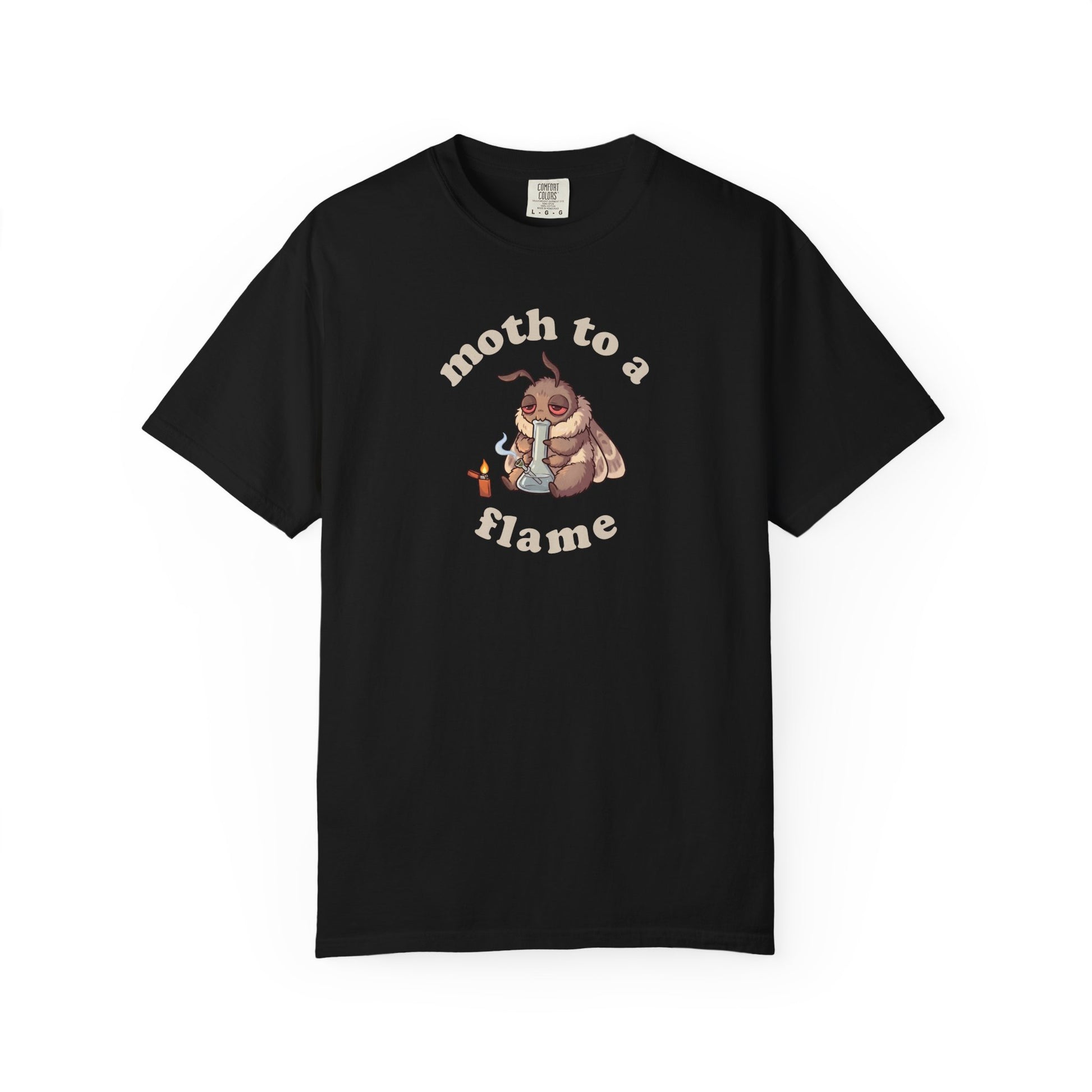 Black Moth To a Flame cannabis t-shirt featuring a sleepy stoner moth with bong and lighter, funny 420 weed graphic tee for marijuana smokers and moth lovers.