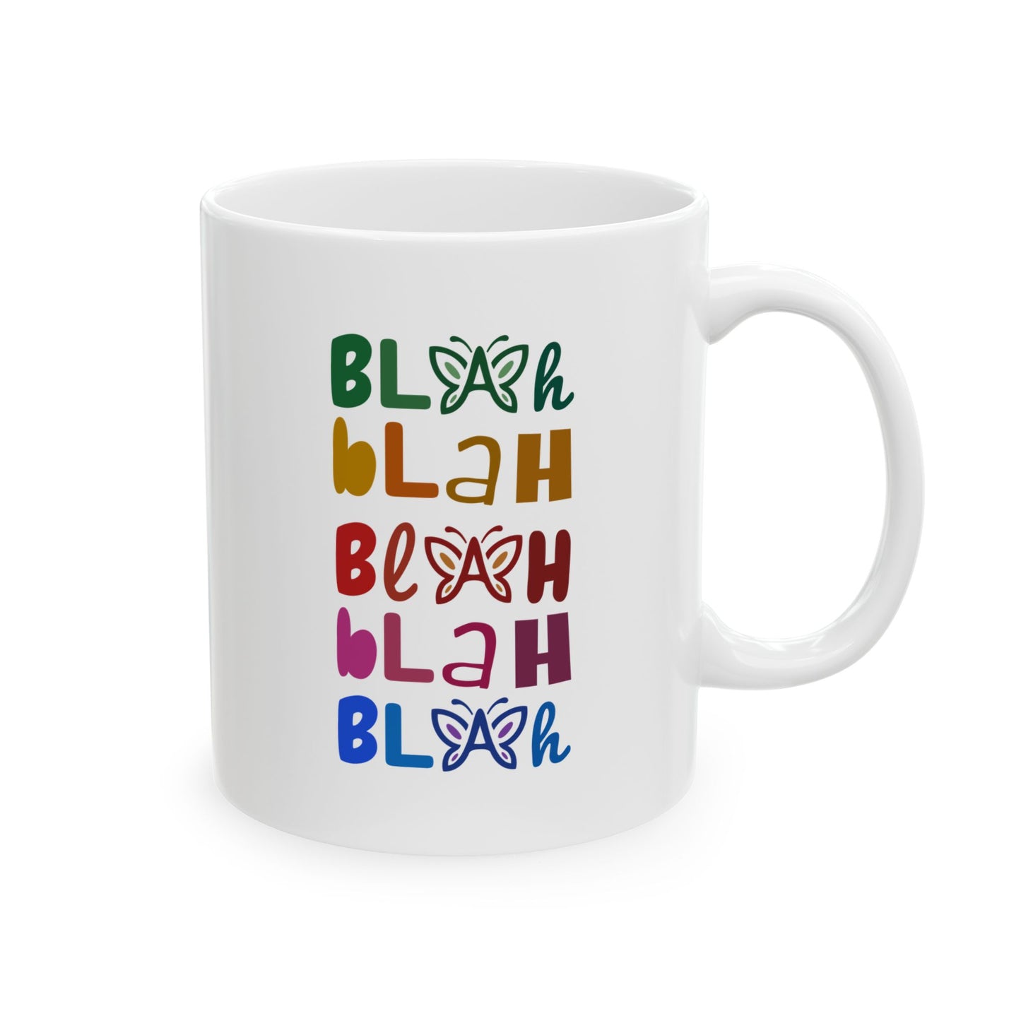 White mug with colorful 'Blah Blah Blah' text and butterfly graphics on a white background