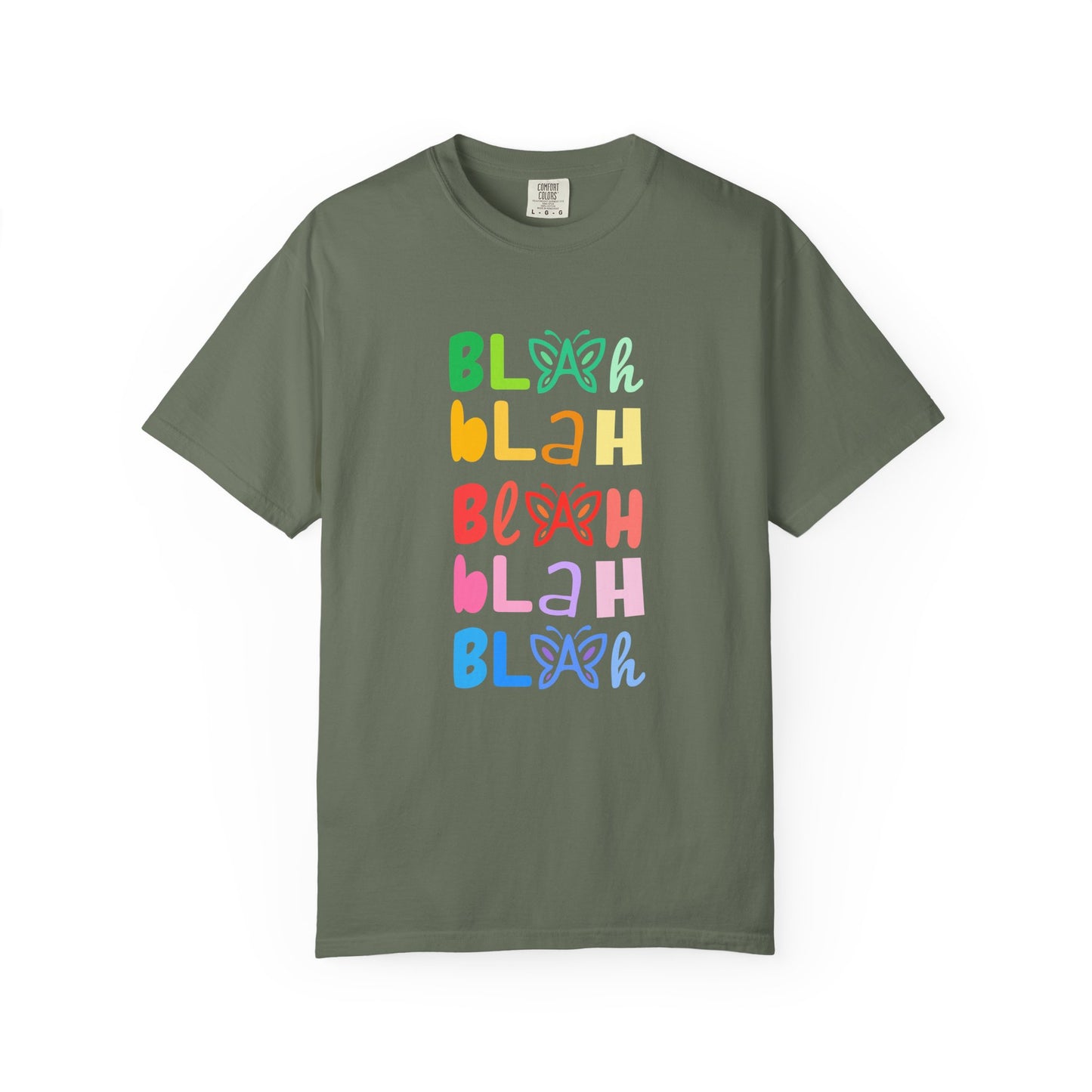 Green t-shirt with colorful 'Blah Blah Blah' text and butterfly graphics on a white background