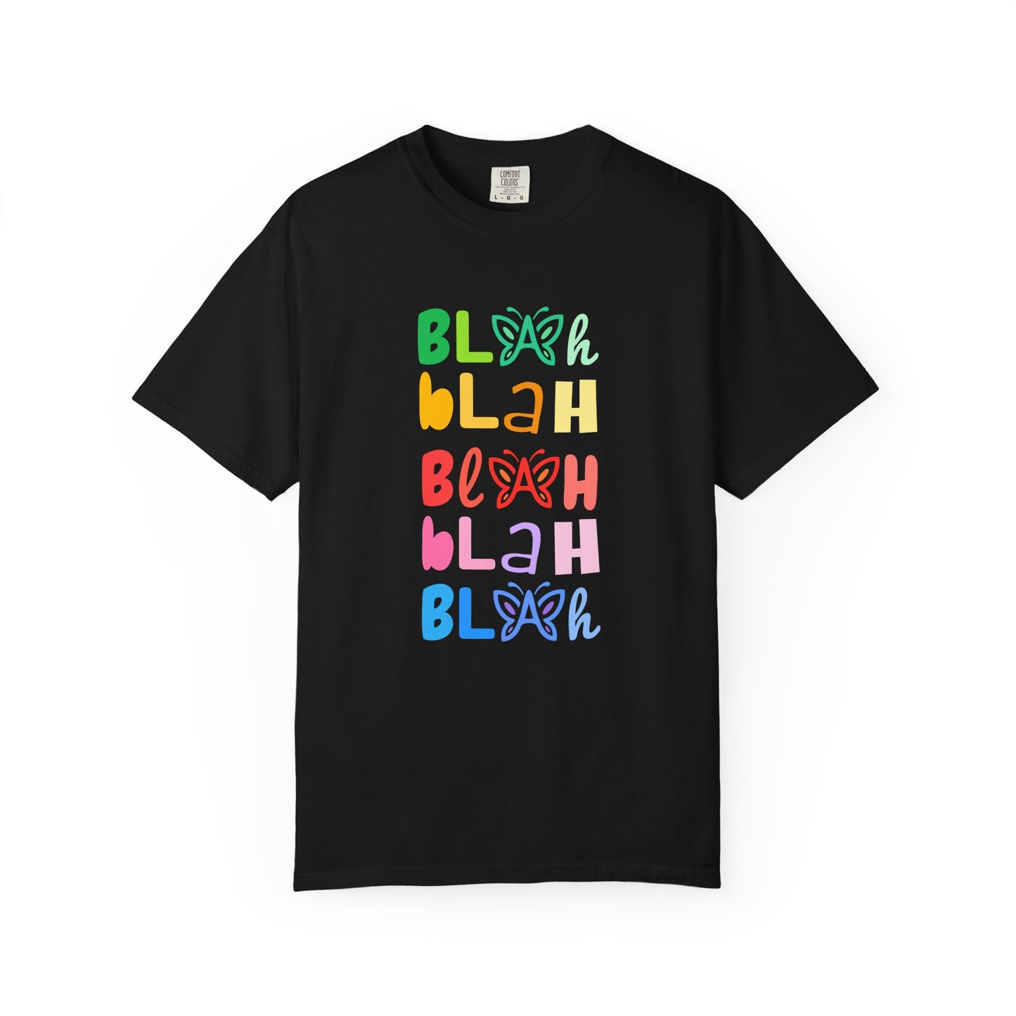 Black t-shirt with colorful 'Blah Blah Blah' text and butterfly graphics on a white background