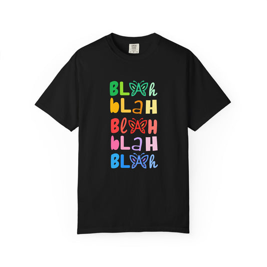 Black t-shirt with colorful 'Blah Blah Blah' text and butterfly graphics on a white background