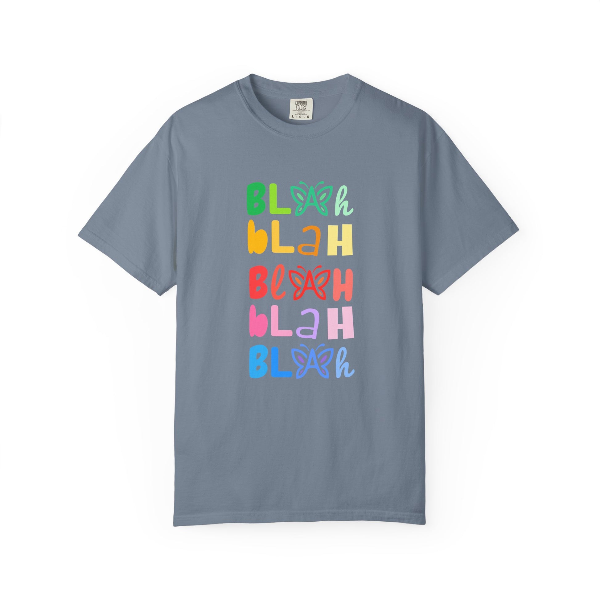 Blue t-shirt with colorful 'Blah Blah Blah' text and butterfly graphics on a white background