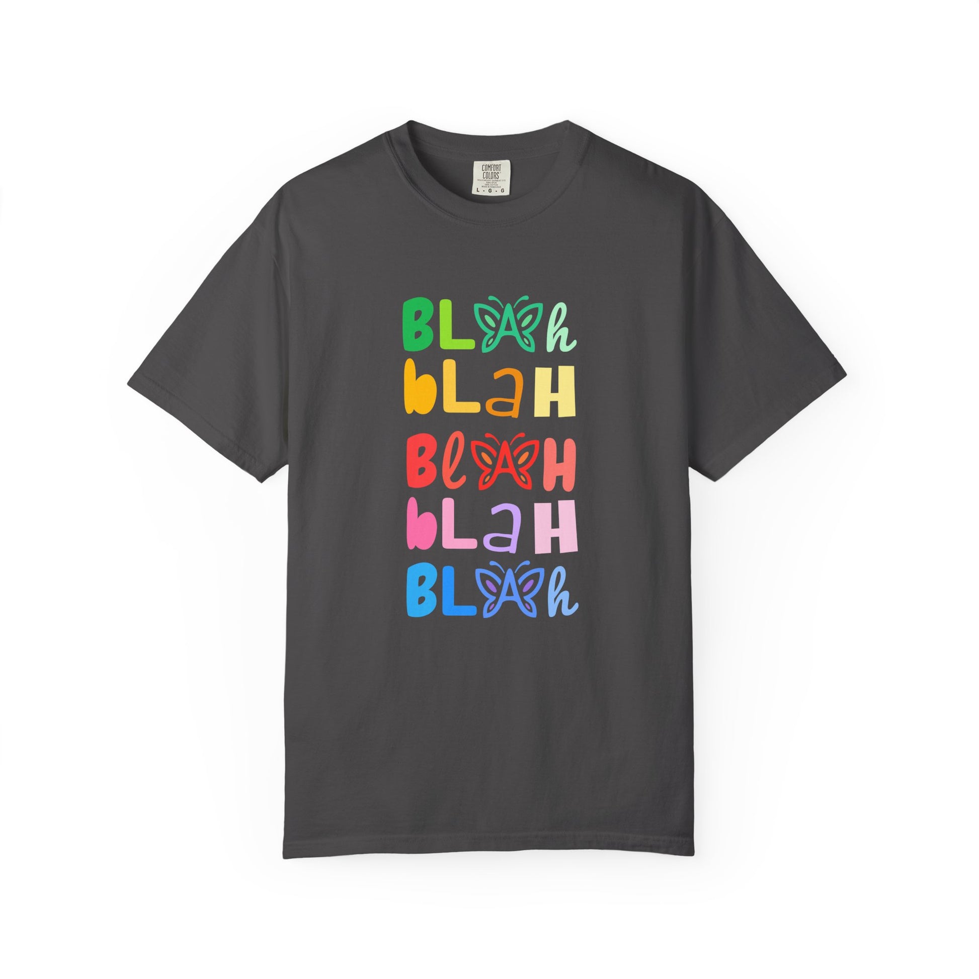 Gray t-shirt with colorful “Blah Blah Blah” text and butterfly graphics on a white background