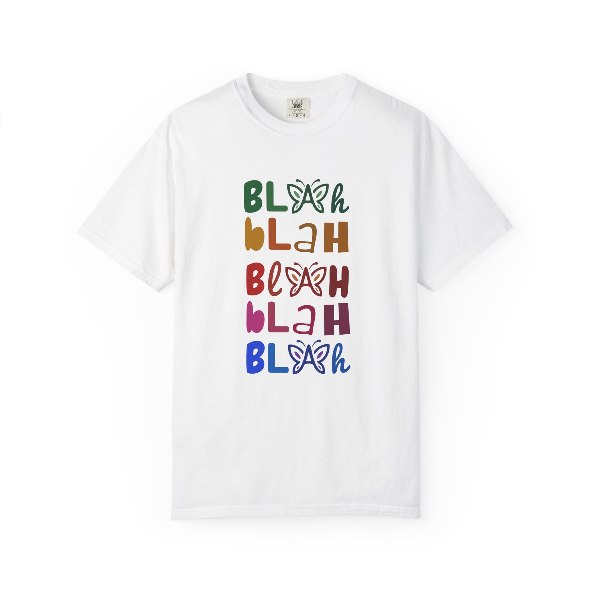 White t-shirt with colorful 'Blah Blah Blah' text and butterfly graphics on a white background