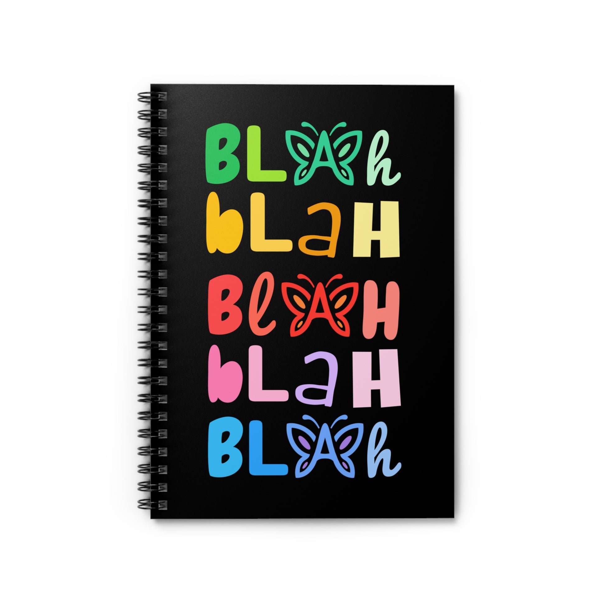 Black notebook with colorful “Blah Blah Blah” text and butterfly graphics on a white background