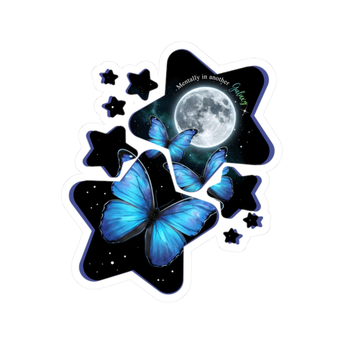 Blue morpho butterfly celestial moon and stars vinyl sticker with night sky galaxy design on a white background