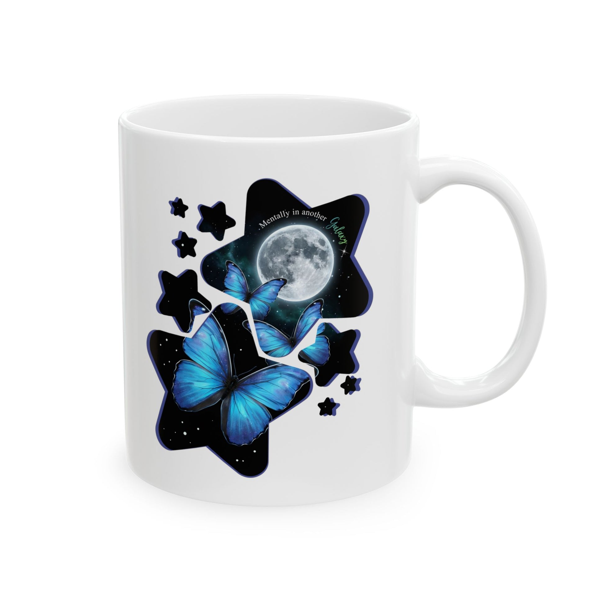 Blue morpho butterfly celestial coffee mug with full moon and night sky stars design on a white background