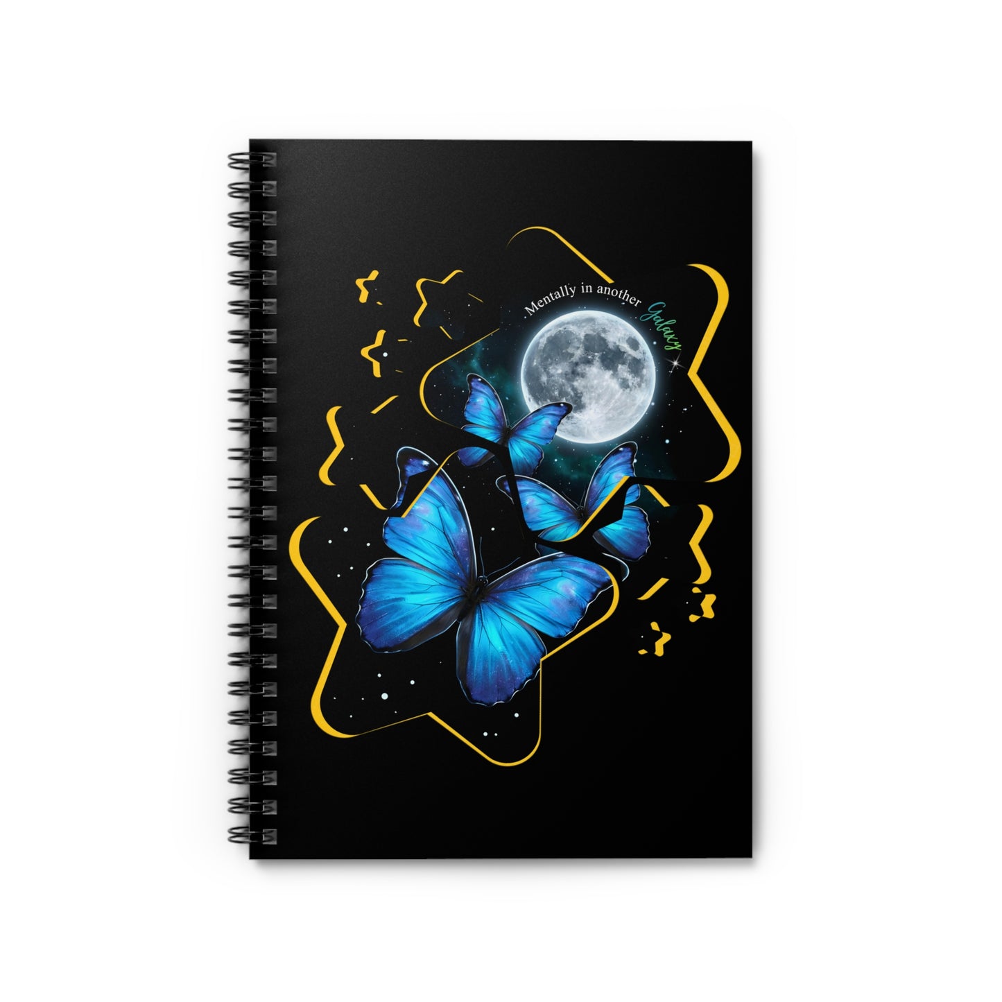 Blue morpho butterfly celestial spiral notebook with full moon and night sky stars design on a black background