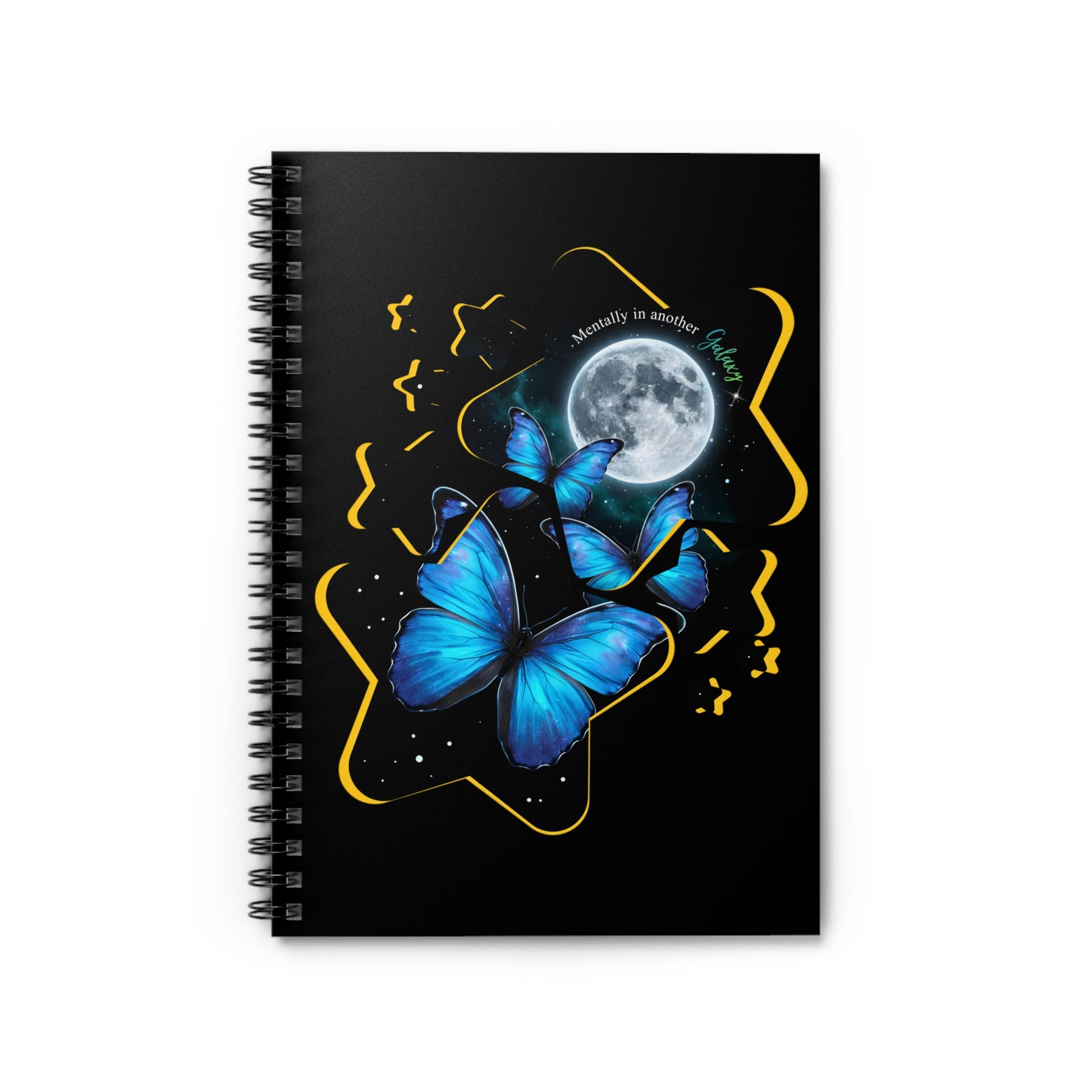 Blue morpho butterfly celestial spiral notebook with full moon and night sky stars design on a black background