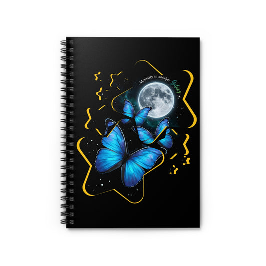 Blue morpho butterfly celestial spiral notebook with full moon and night sky stars design on a black background
