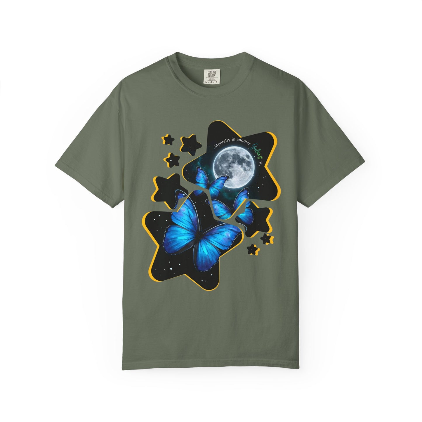 Green blue morpho butterfly moon and stars night sky shirt on a white background