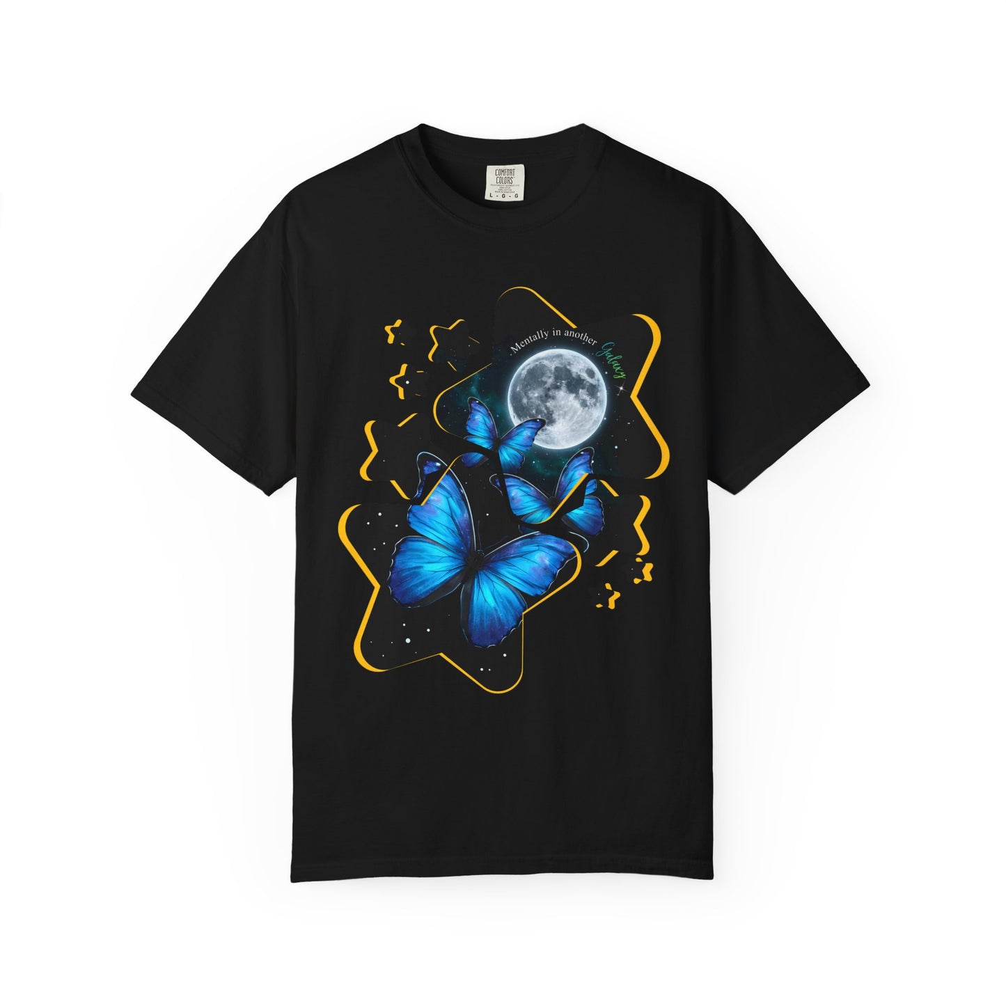 Blue morpho butterfly galaxy t-shirt with full moon and stars celestial night sky design on a white background