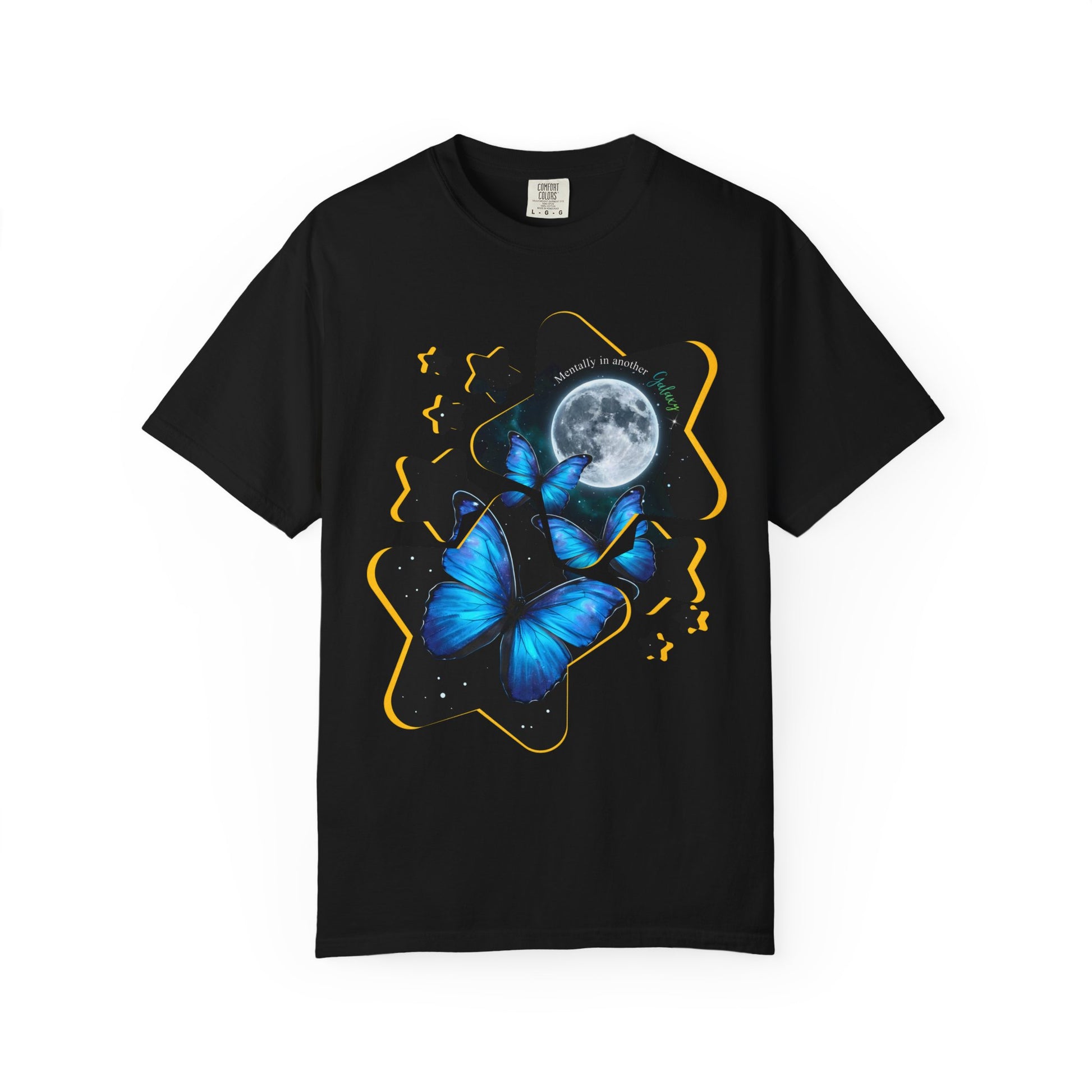 Blue morpho butterfly galaxy t-shirt with full moon and stars celestial night sky design on a white background