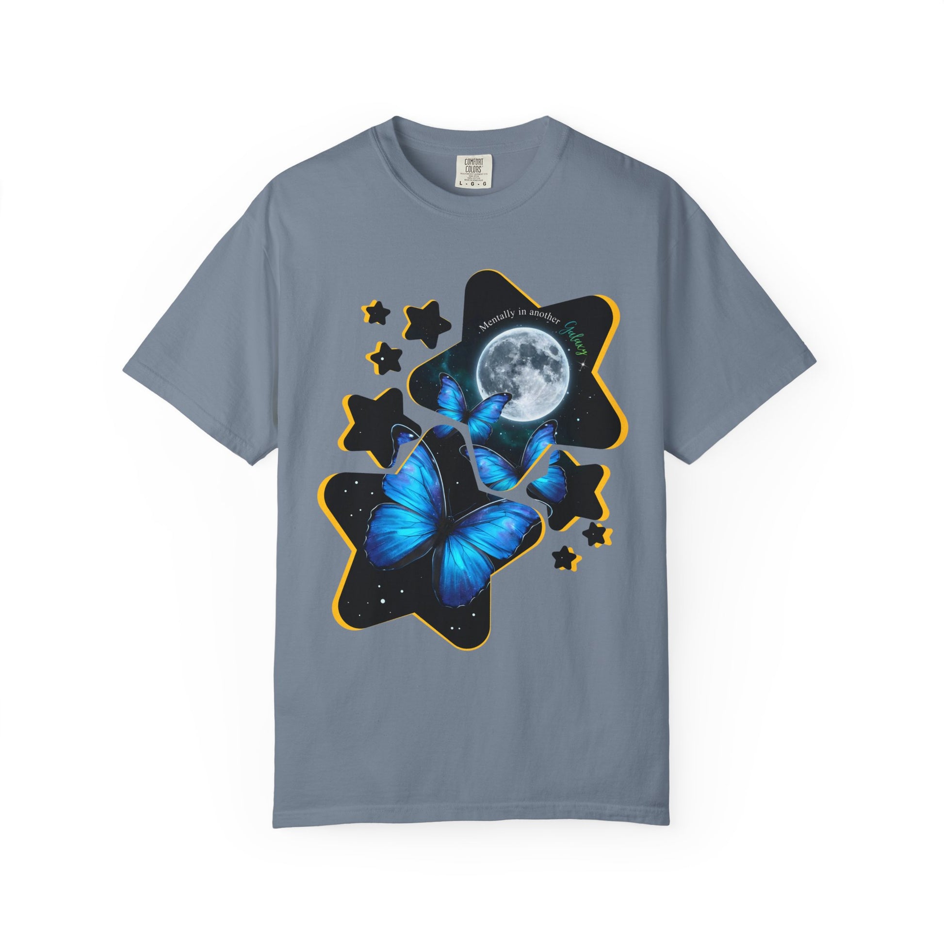 Blue celestial butterfly moon galaxy graphic t-shirt on a white background