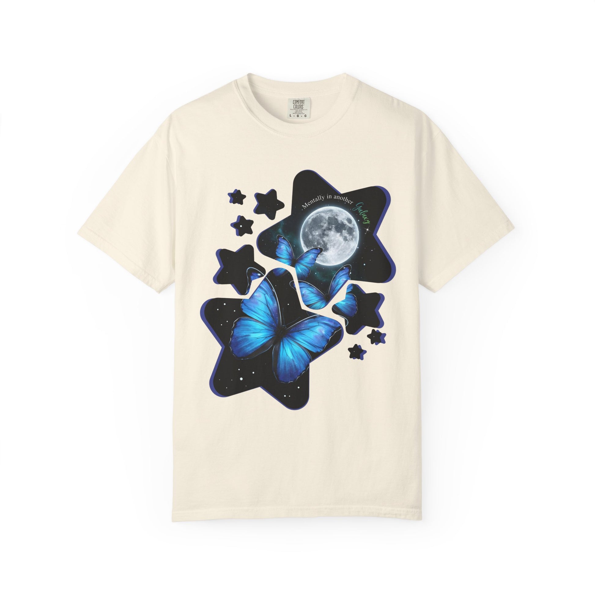 Cream blue morpho butterfly night sky celestial moon shirt on a white background