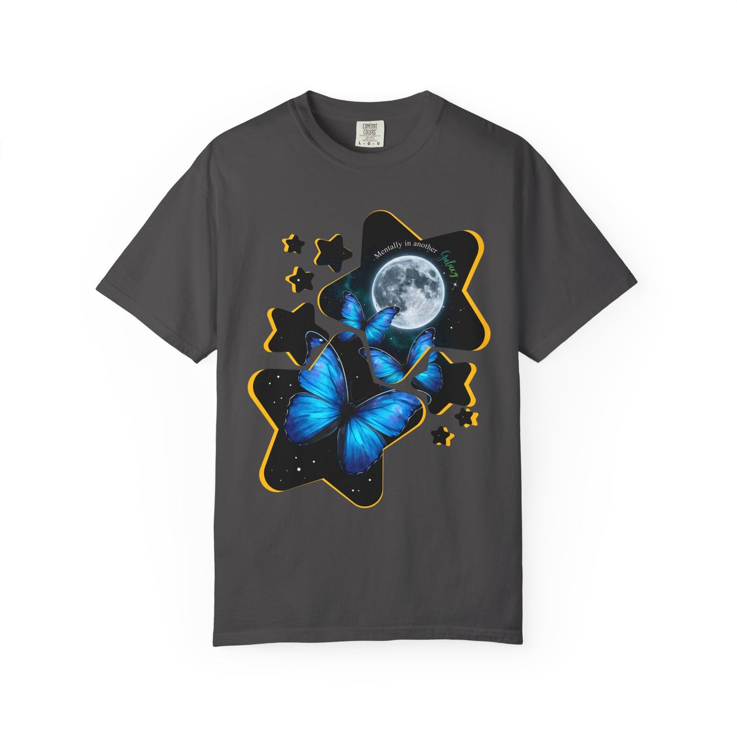 Gray celestial butterfly galaxy moon stars graphic tee on a white background