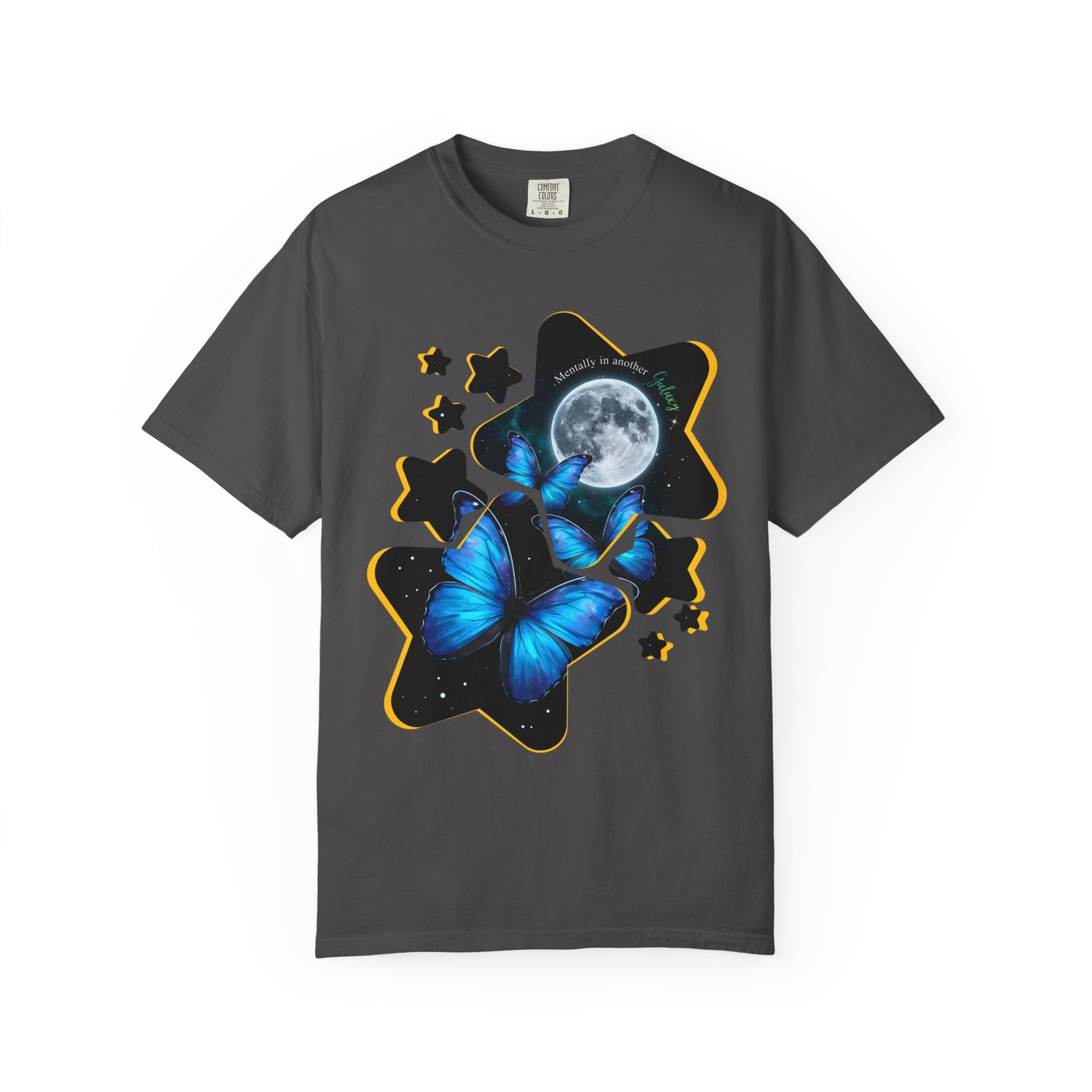 Gray celestial butterfly galaxy moon stars graphic tee on a white background