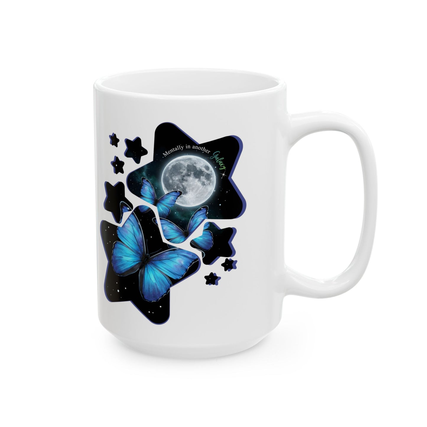 Blue morpho butterfly moon and stars celestial ceramic mug on a white background