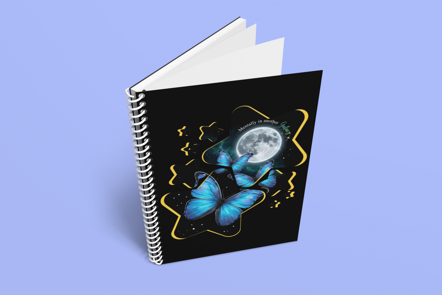 Blue morpho butterfly galaxy moon and stars journal notebook on a blue background