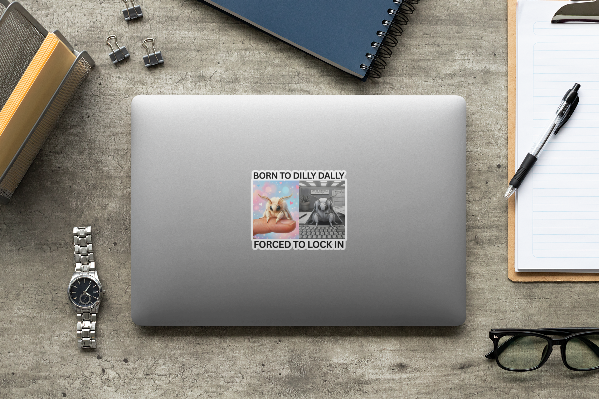 Funny moth meme sticker applied to Laptop with Born to Dilly Dally text on a desk with office supplies