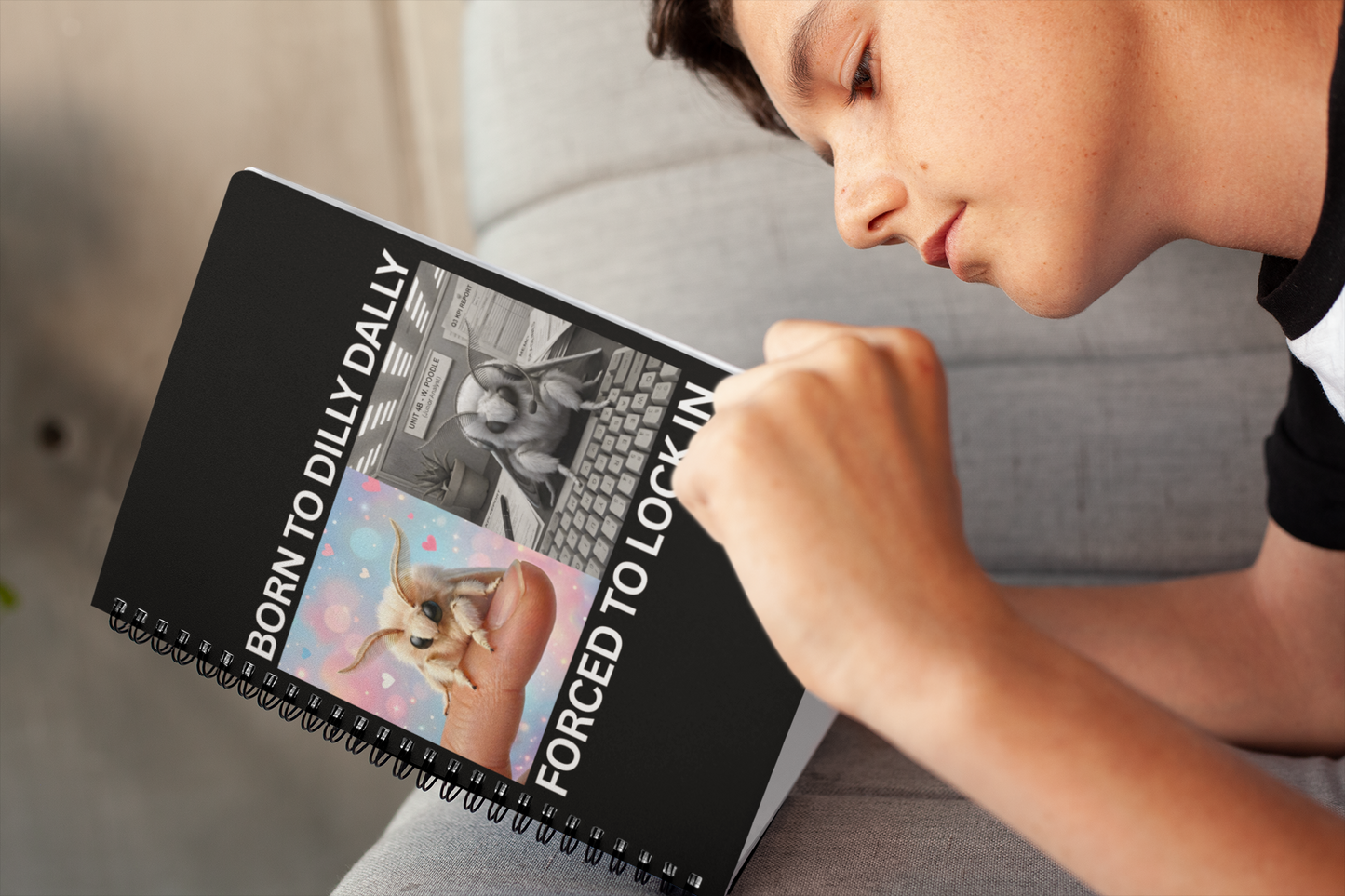 Person holding funny moth meme spiral notebook with Born to Dilly Dally Forced to Lock In quote on a couch.
