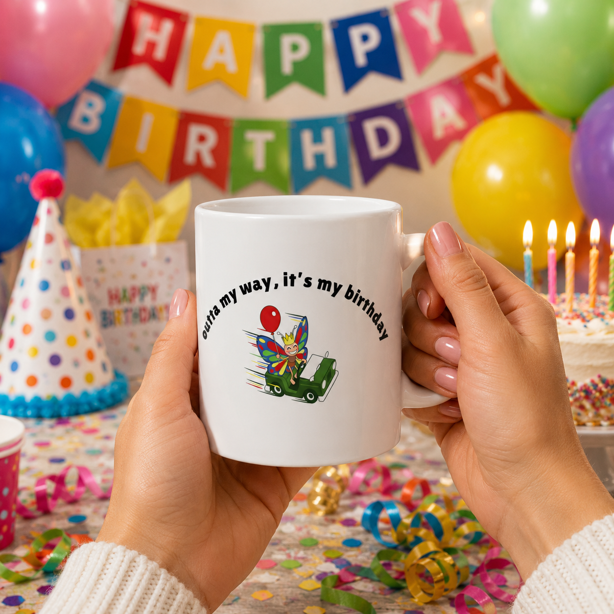 Hands holding a butterfly birthday coffee mug in a colorful birthday party setting with balloons, cake, and decorations.