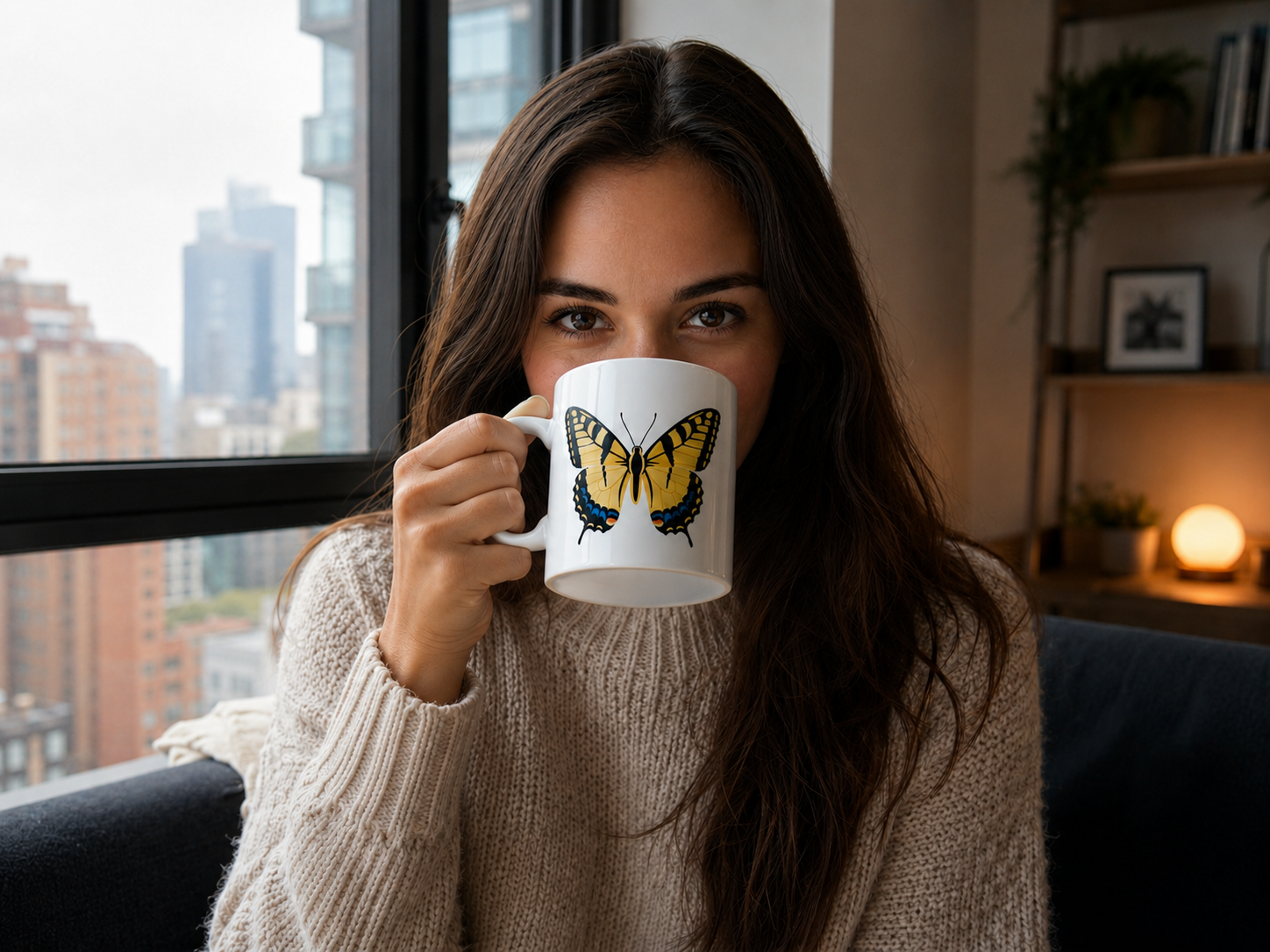 Person enjoying coffee from a glossy white butterfly mug featuring a yellow butterfly design near a window.
