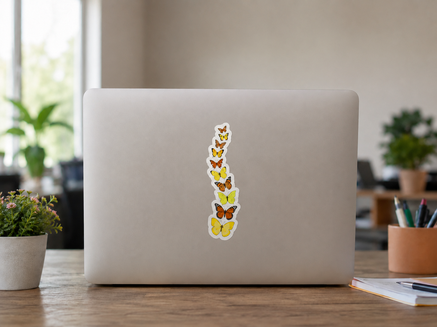 Vertical yellow and orange butterfly sticker centered on a laptop in a bright workspace.