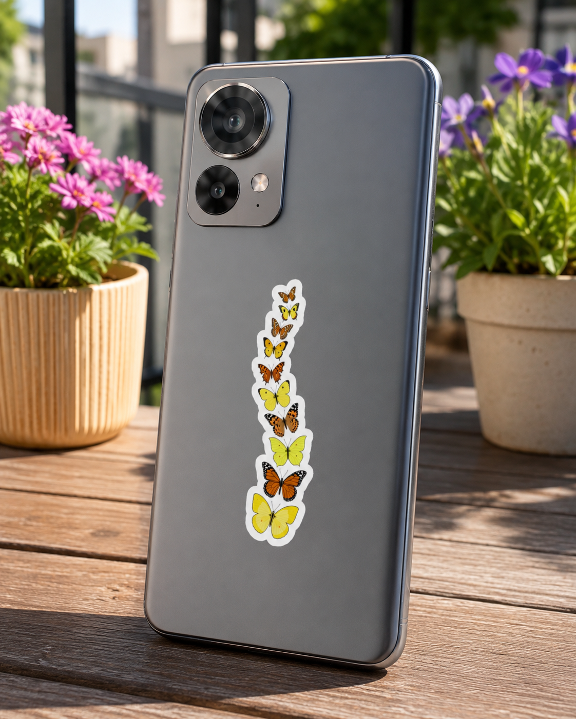 Yellow and orange butterfly sticker placed on the back of a smartphone near potted flowers.