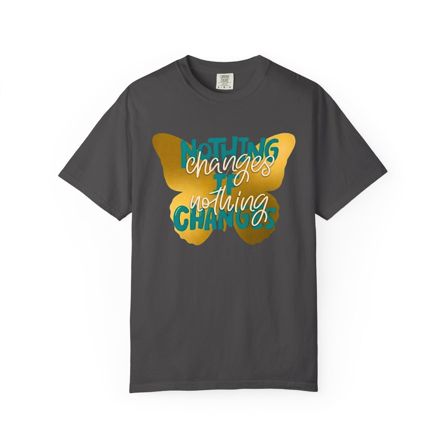 Grey inspirational butterfly transformation shirt motivational quote tee on a white background