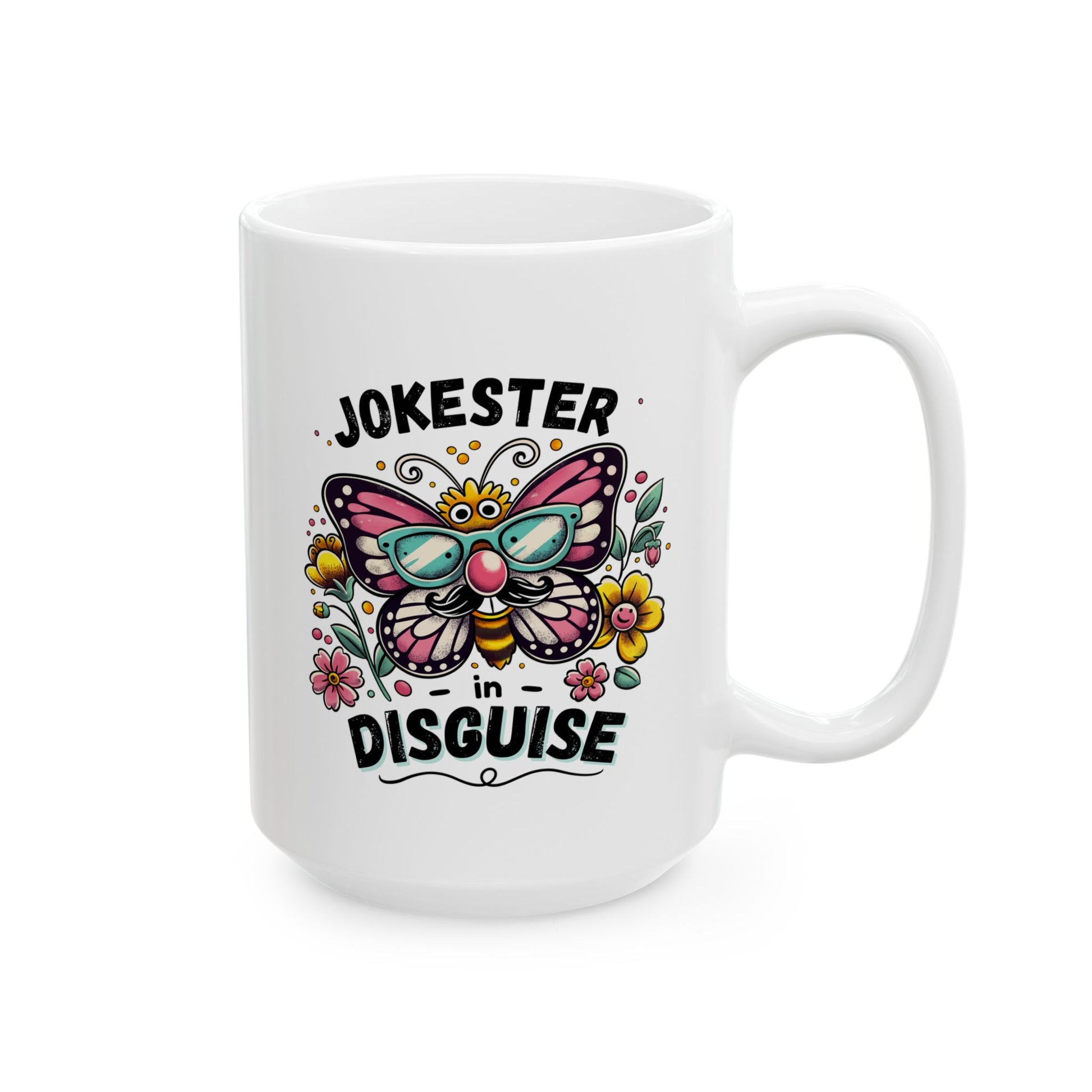 close-up of glossy c-handle showing durable ceramic and vibrant prank butterfly print