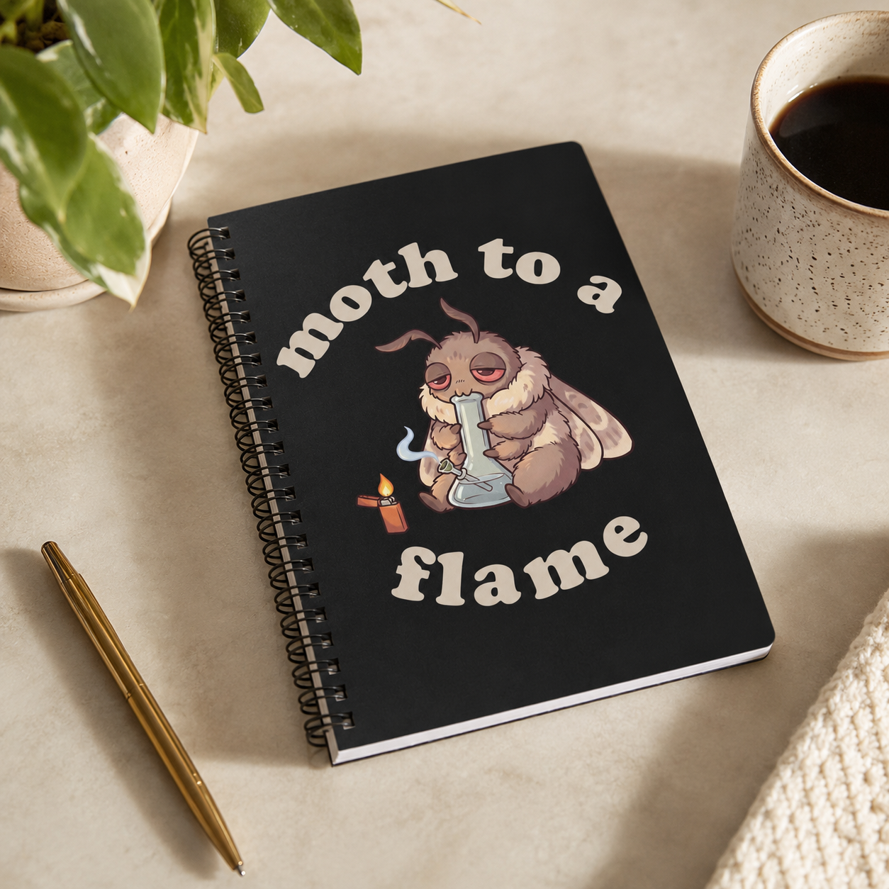 Moth To a Flame weed spiral notebook on a desk with coffee and plant, black cannabis moth journal with 118 ruled pages for 420 lovers.