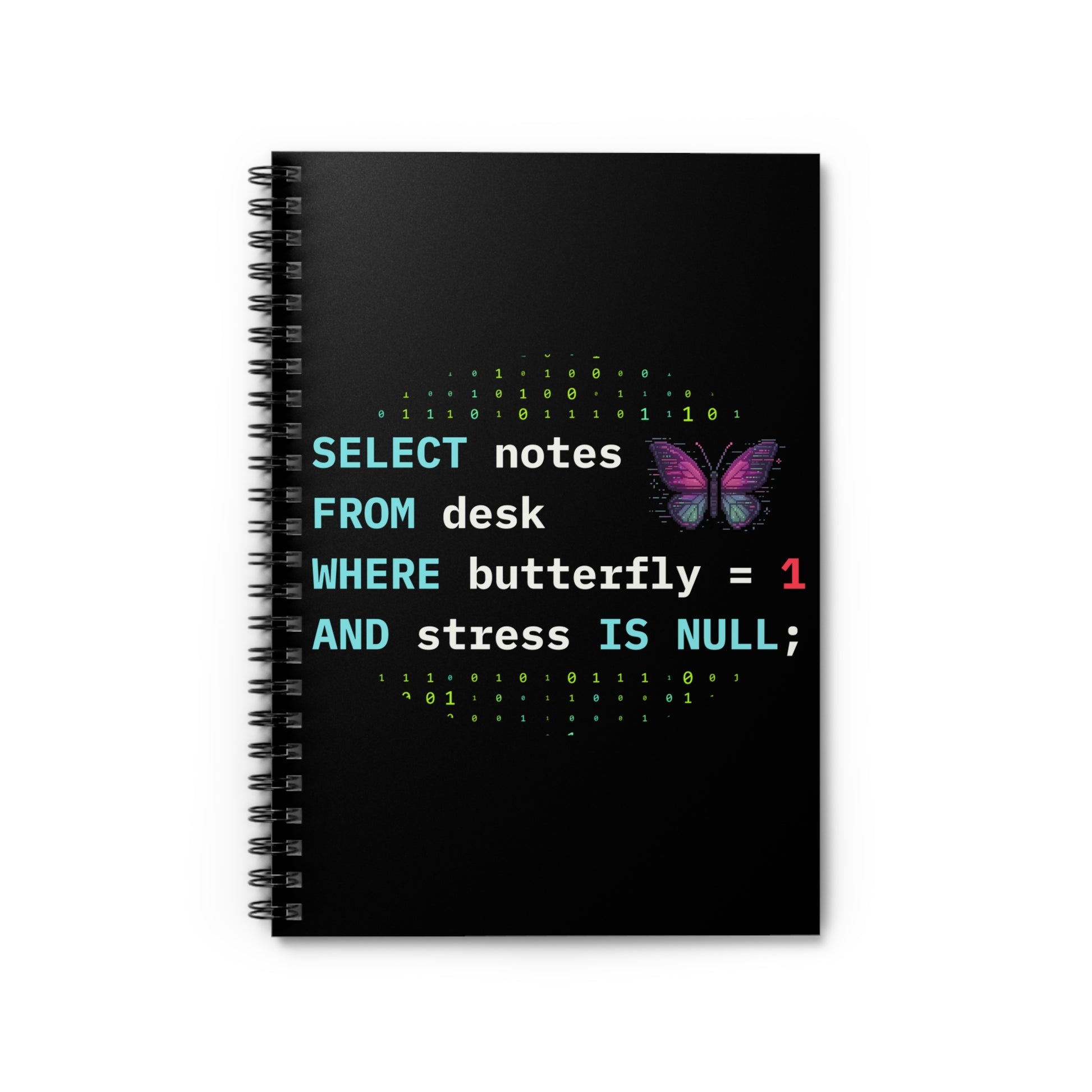 a spiral notebook with a black cover featuring a colorful butterfly pixel art and text related to a sql programming query