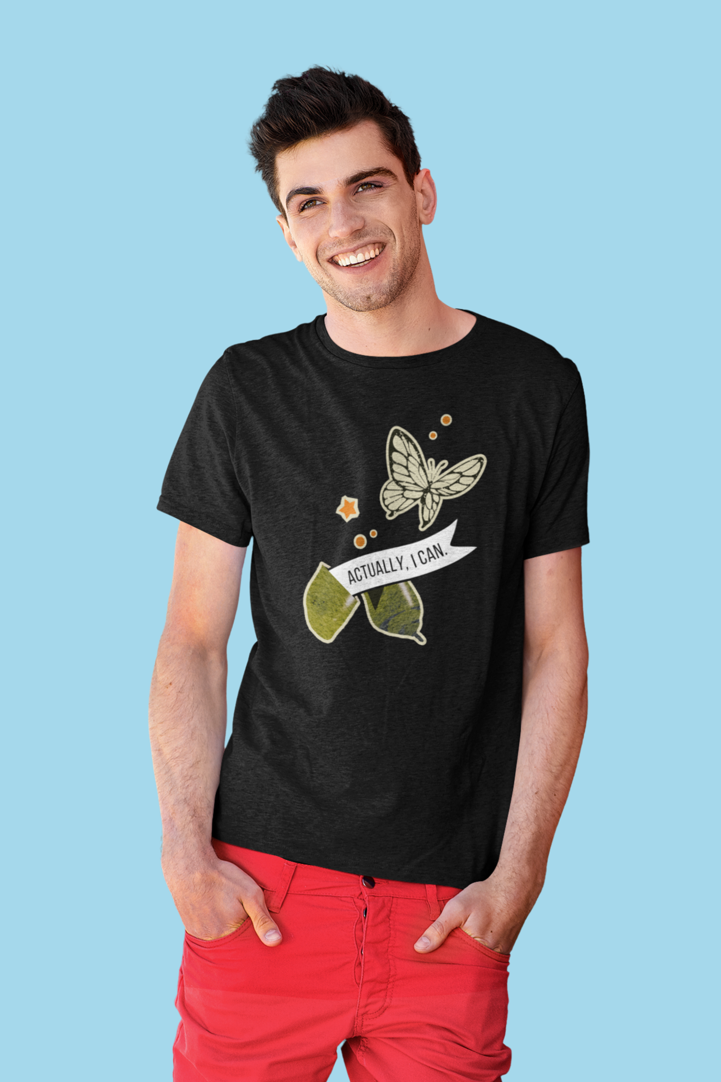 happy male wearing an eco friendly butterfly self belief "Actually I Can" t-shirt