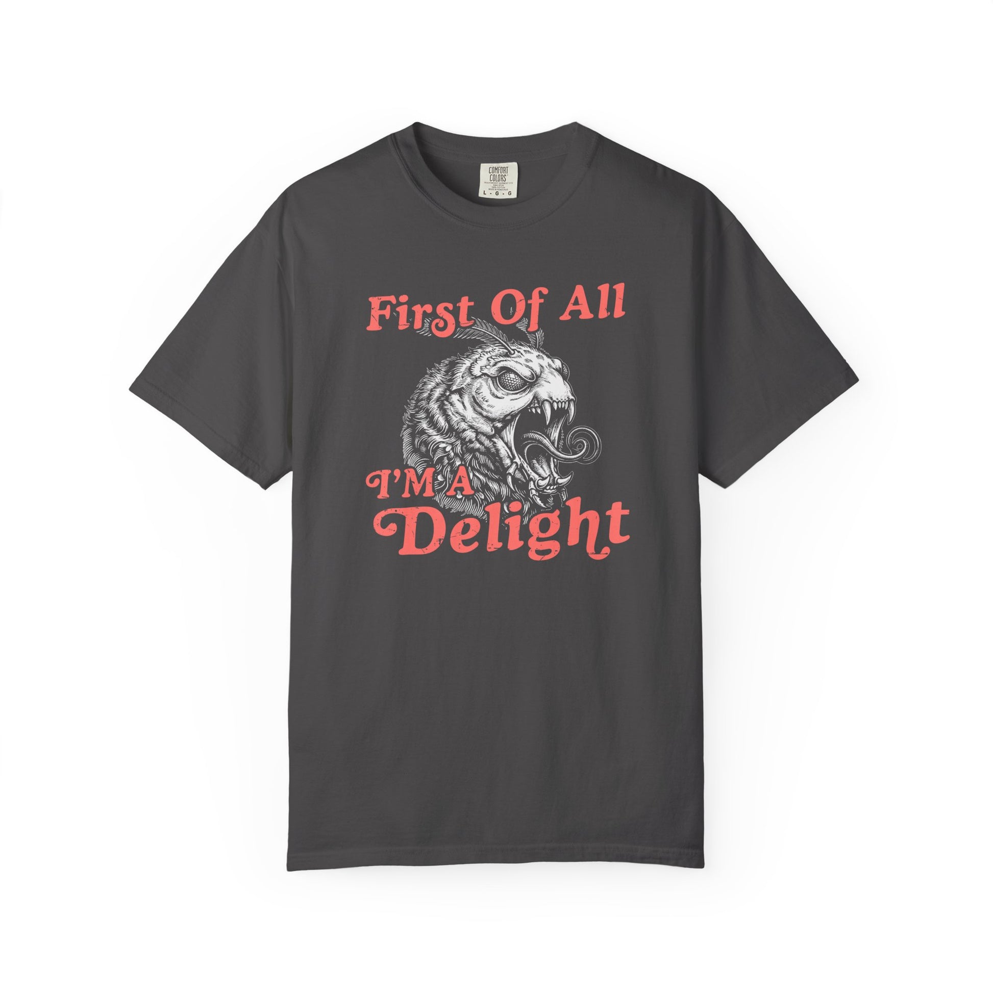 Gray t-shirt with First Of All I’m a Delight text and a dramatic monster moth illustration in retro style.
