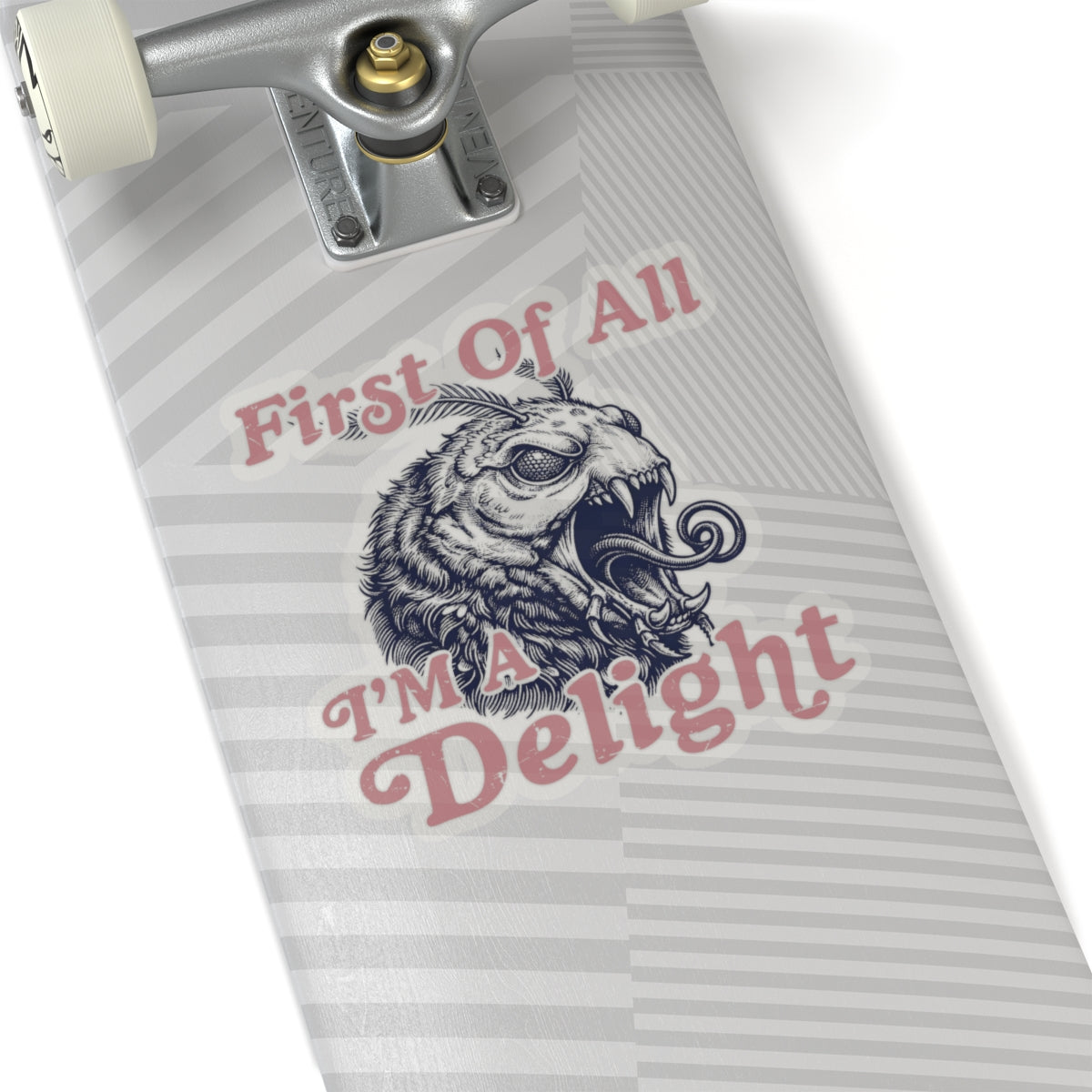 First Of All I’m a Delight moth sticker applied to a skateboard deck in a lifestyle mockup.