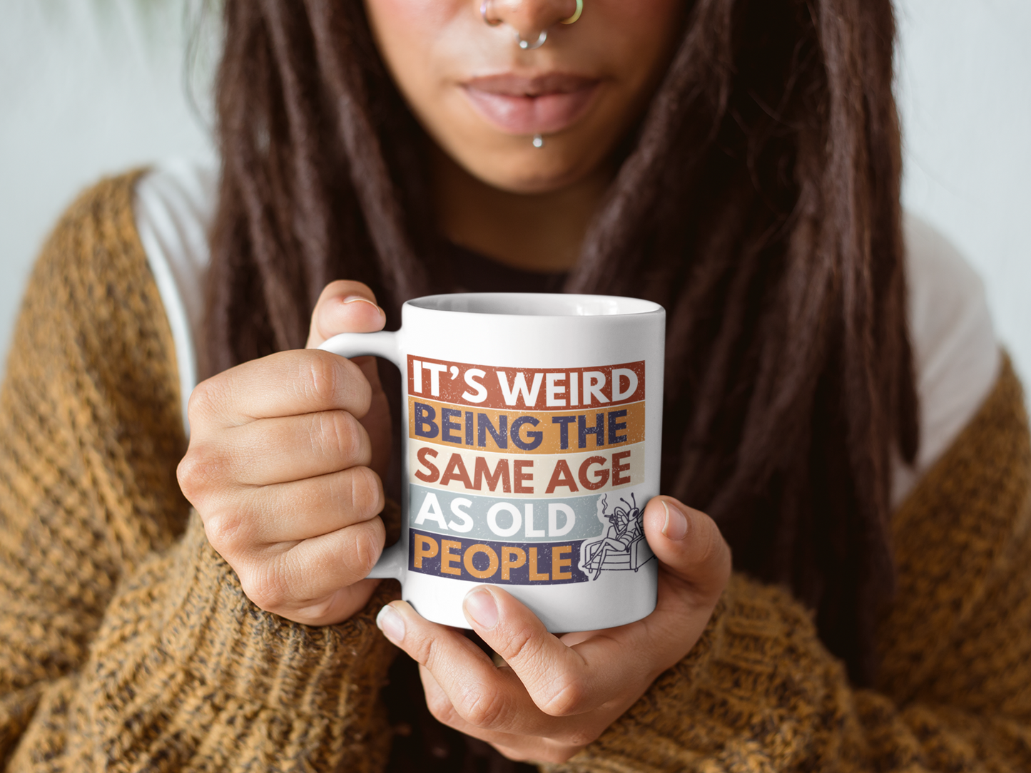 woman holding funny aging humor butterfly mug sarcastic old people quote coffee cup