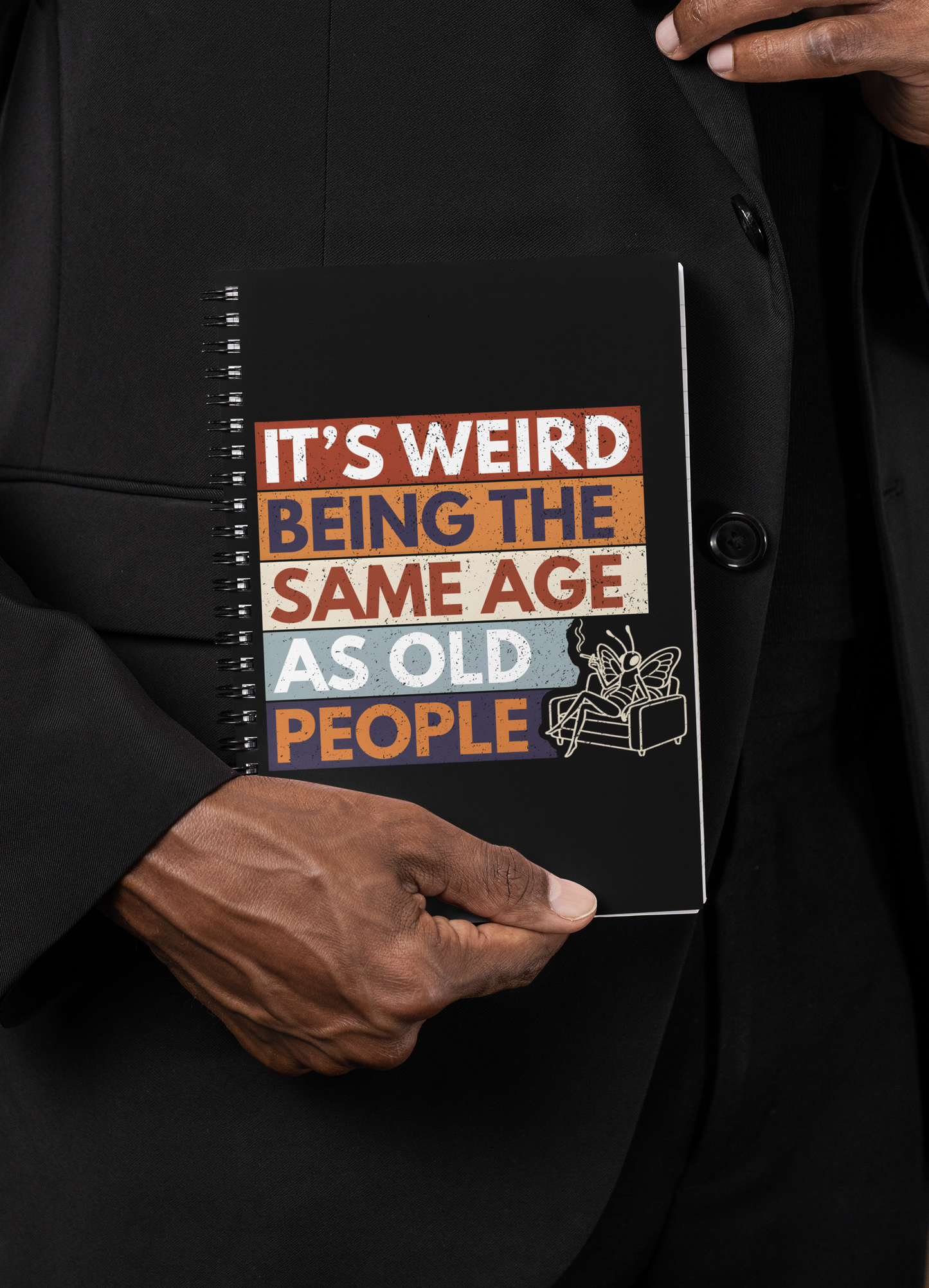 person holding funny aging humor notebook sarcastic butterfly design spiral journal