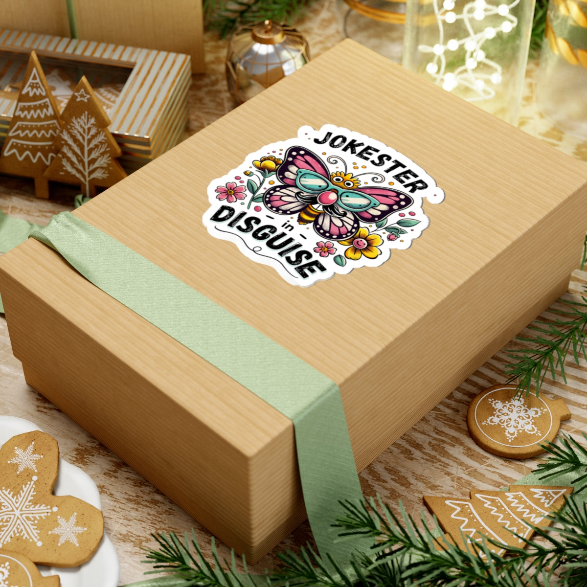 close-up of prank lover decal packaged in kraft box, showing kiss-cut edges for easy peel