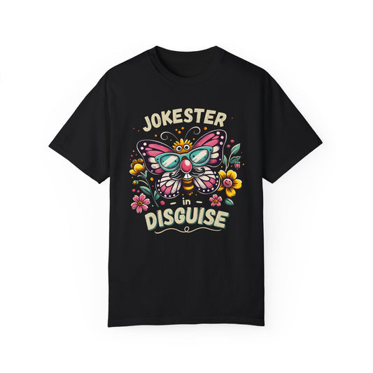 funny butterfly prank black t-shirt front view – large colorful butterfly with motivational joke design