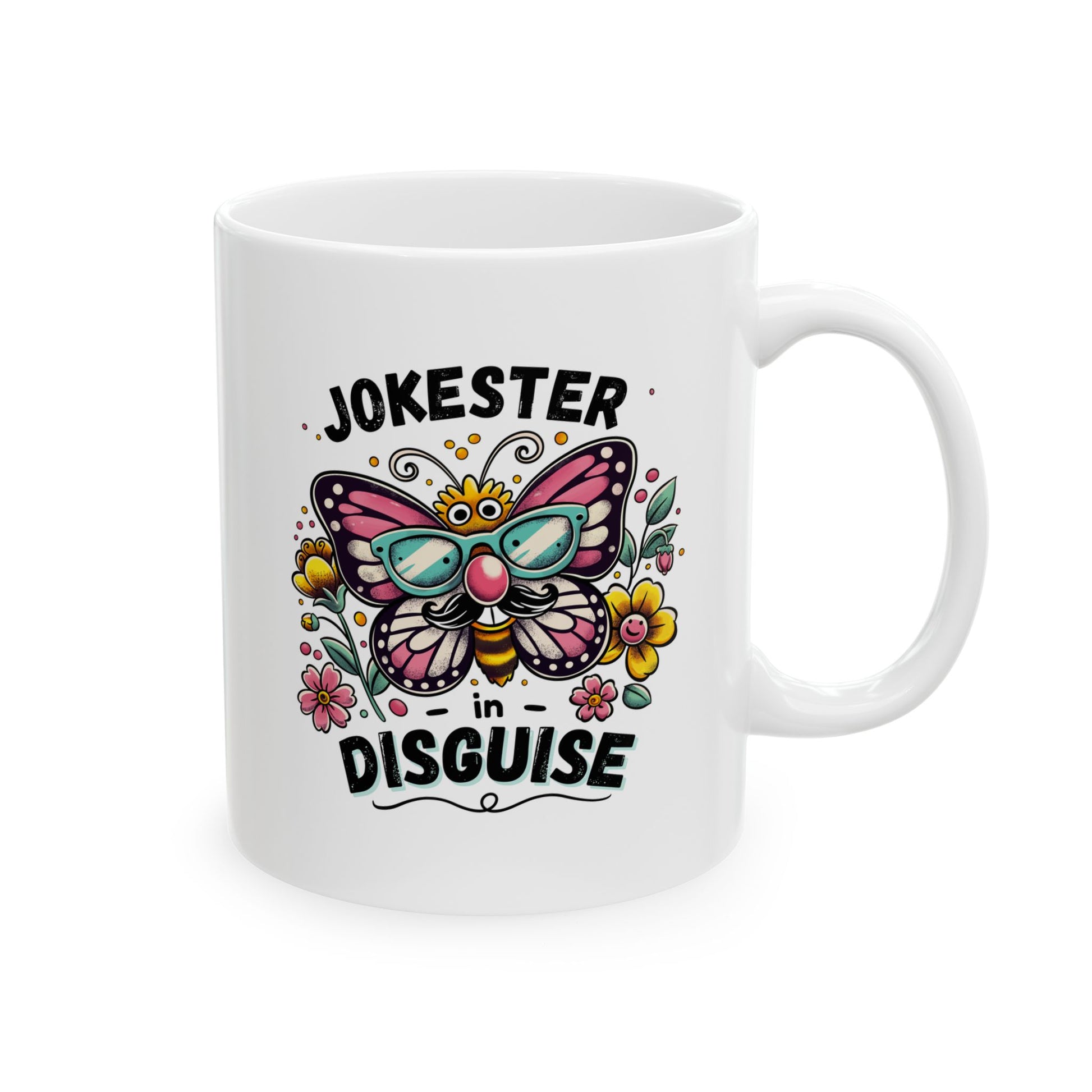 funny butterfly prank mug front view with colorful design on white bpa-free ceramic cup