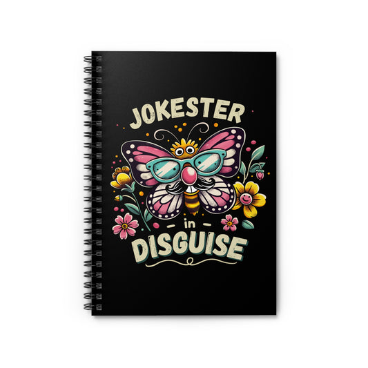 funny butterfly prank notebook with a black cover, featuring a colorful butterfly with a mischievous mustache and shades
