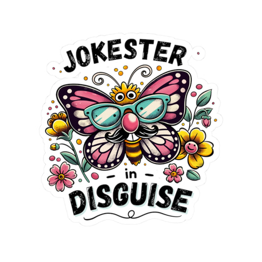 funny butterfly prank sticker with a colorful butterfly and flowers design on glossy white vinyl