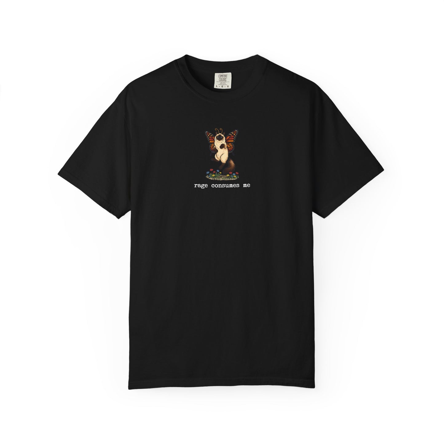 Black Rage Consumes Me t-shirt with butterfly Siamese cat graphic on front