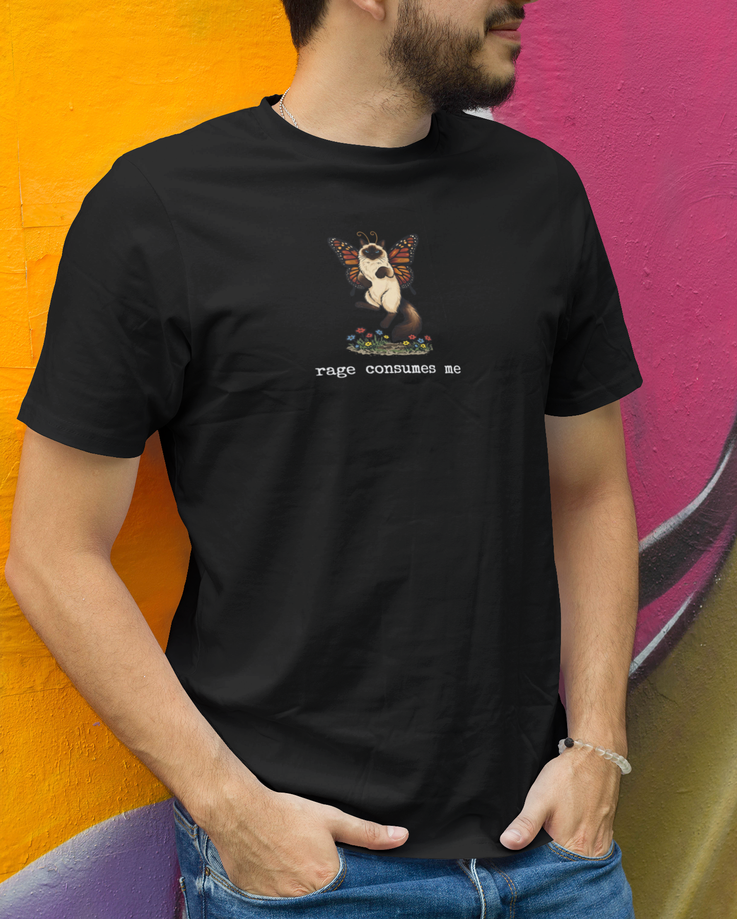 Black funny cat meme t-shirt worn by model with Rage Consumes Me butterfly cat design