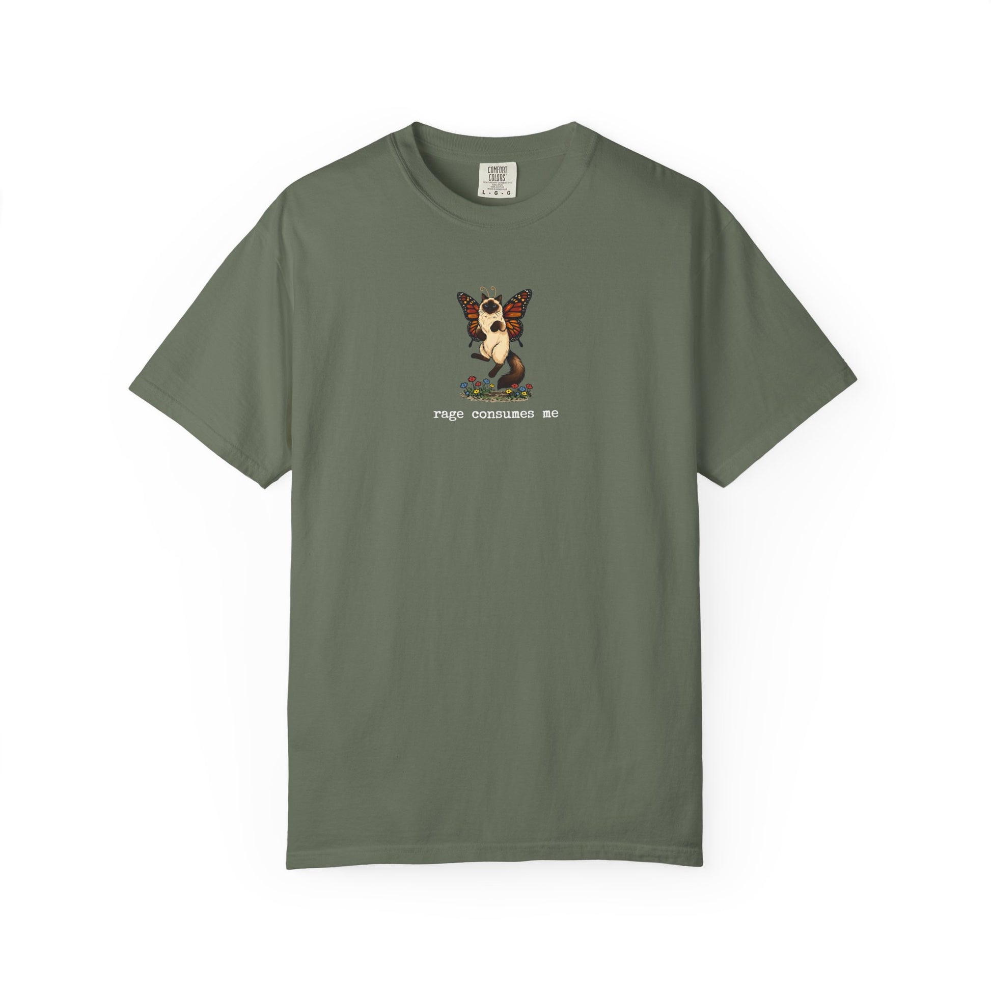 Green sarcastic cat meme shirt with butterfly Siamese cat graphic