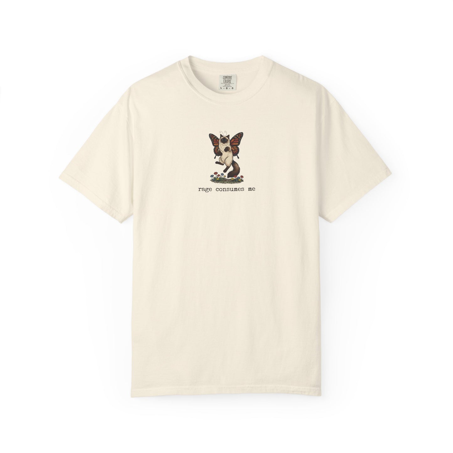 Natural cream Rage Consumes Me t-shirt with butterfly Siamese cat artwork